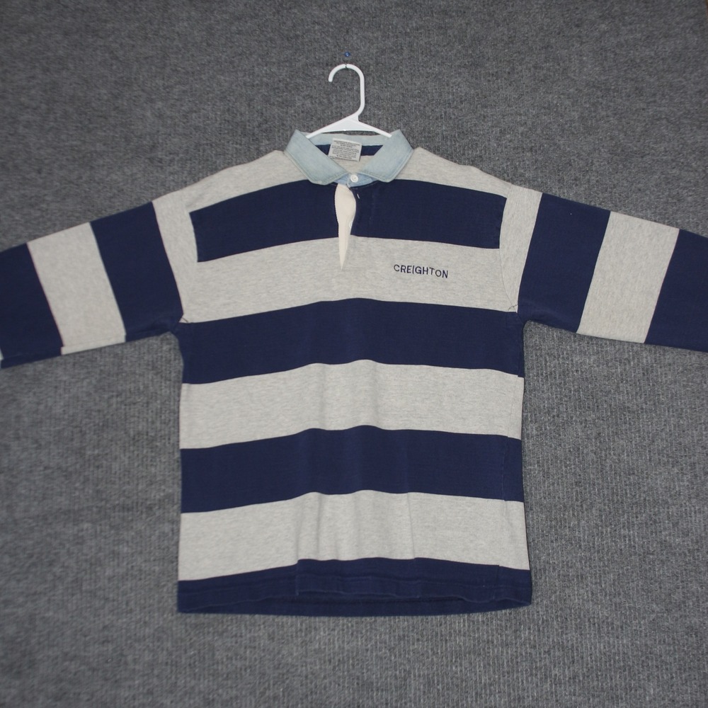 Barbarian Rugby Shirt Mens XL Blue Grey Striped Long Sleeve Denim Collar